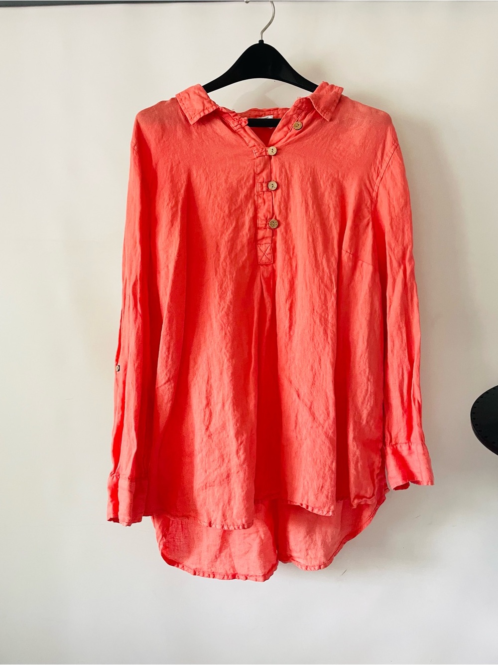 Sigrid Olsen Coral Button-Front Split-Neck Long-Sleeve Blouse Comfortable